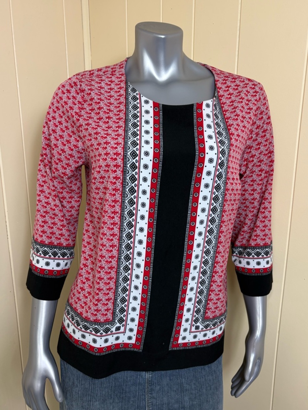 Roz & Ali Tunic Shirt Blouse Women's L Red white and Black 3/4 sleeve Split hem